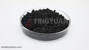 KOH-impregnated activated carbon for removing acid gases such as hydrogen sulfide